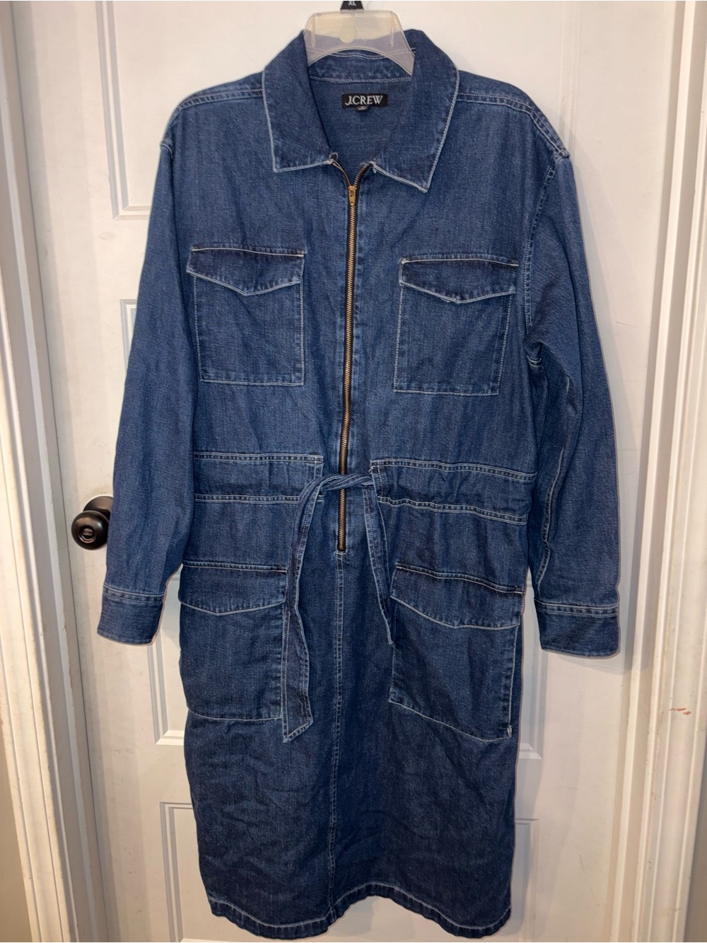 J.Crew size 12 Denim Utility Midi Dress Long Sleeve Zip Front Belted Cargo